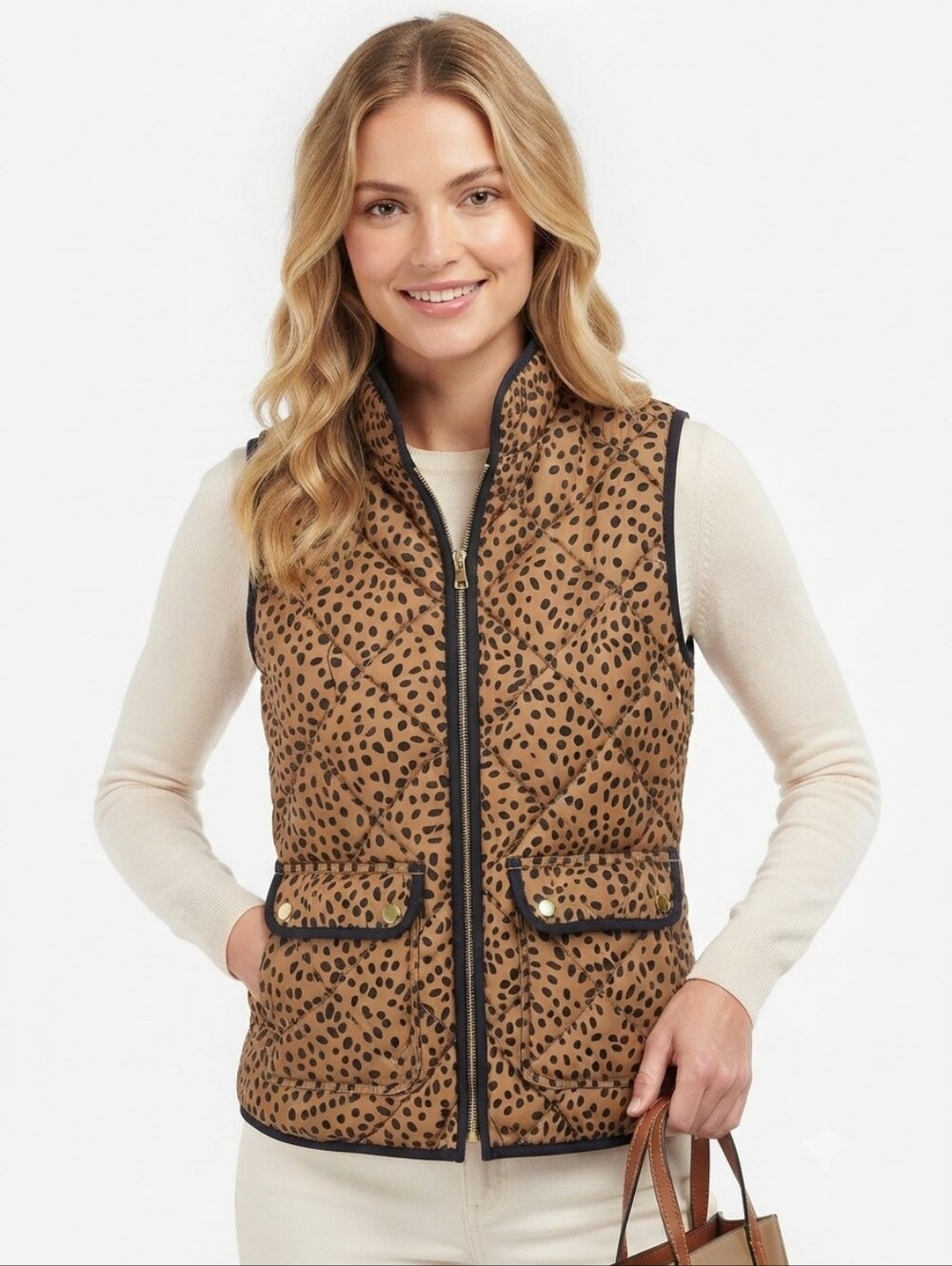 J.Crew Quilted Leopard Print Spotted Zip-Up Vest,Vest (Size S)